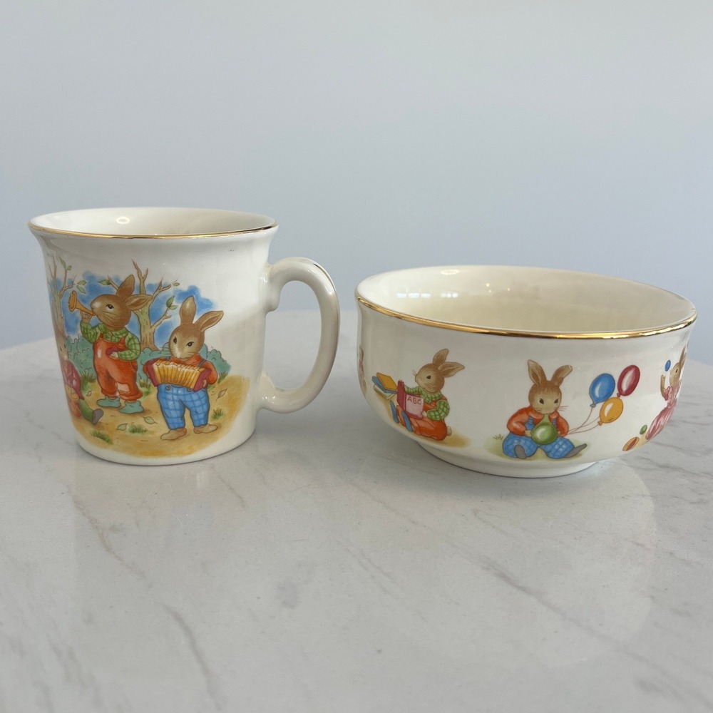Mount Clemens Pottery Bunny Childrens Mug Bowl Set Japan‎ Easter Nursery Vtg